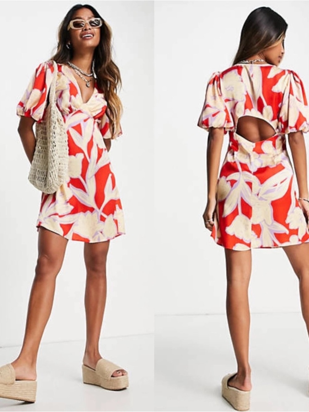 Topshop Red Floral Cutout Mini Dress with Puff Sleeves